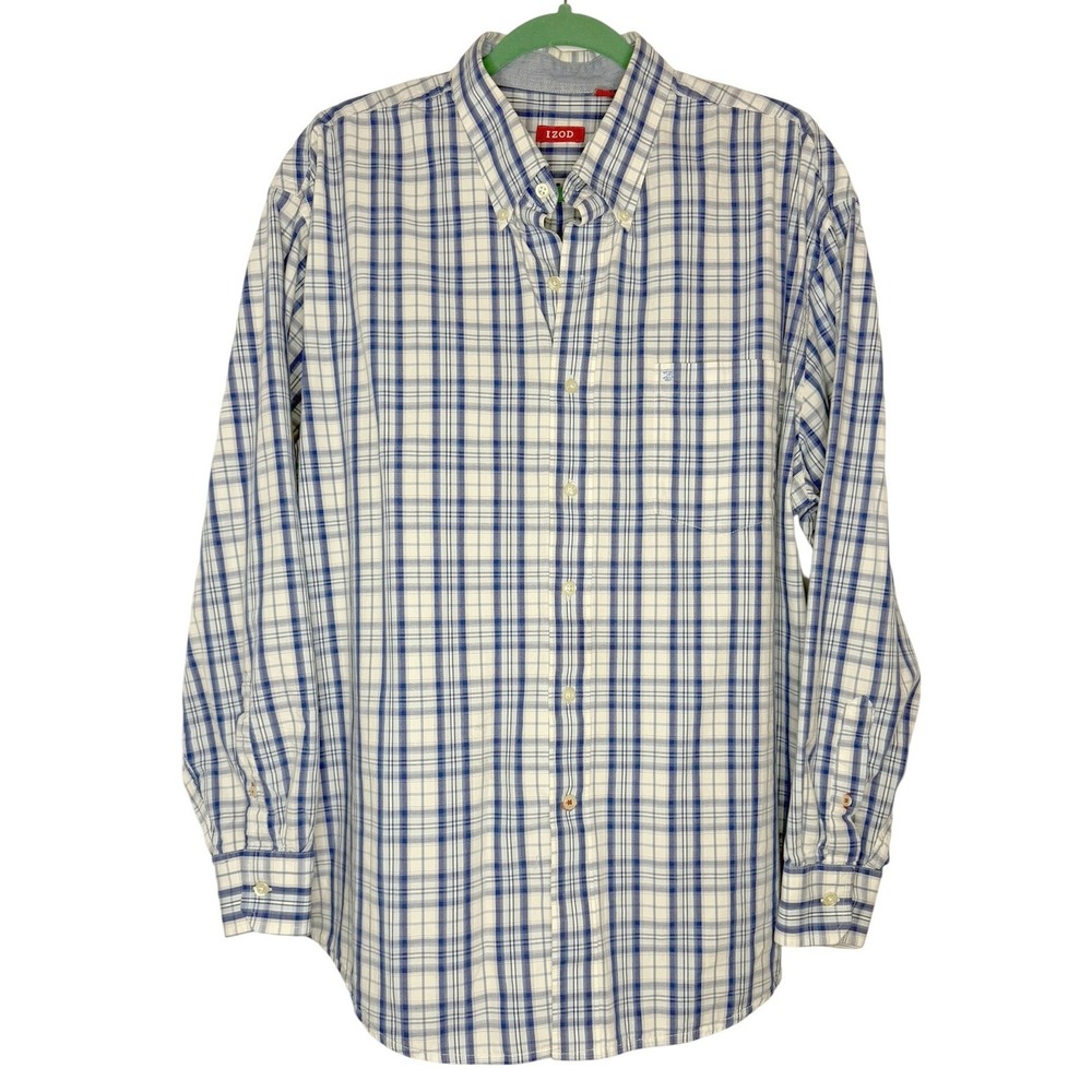 IZOD Button Down Shirt Mens XL‎ Blue White Plaid Long Sleeve Classic Fit